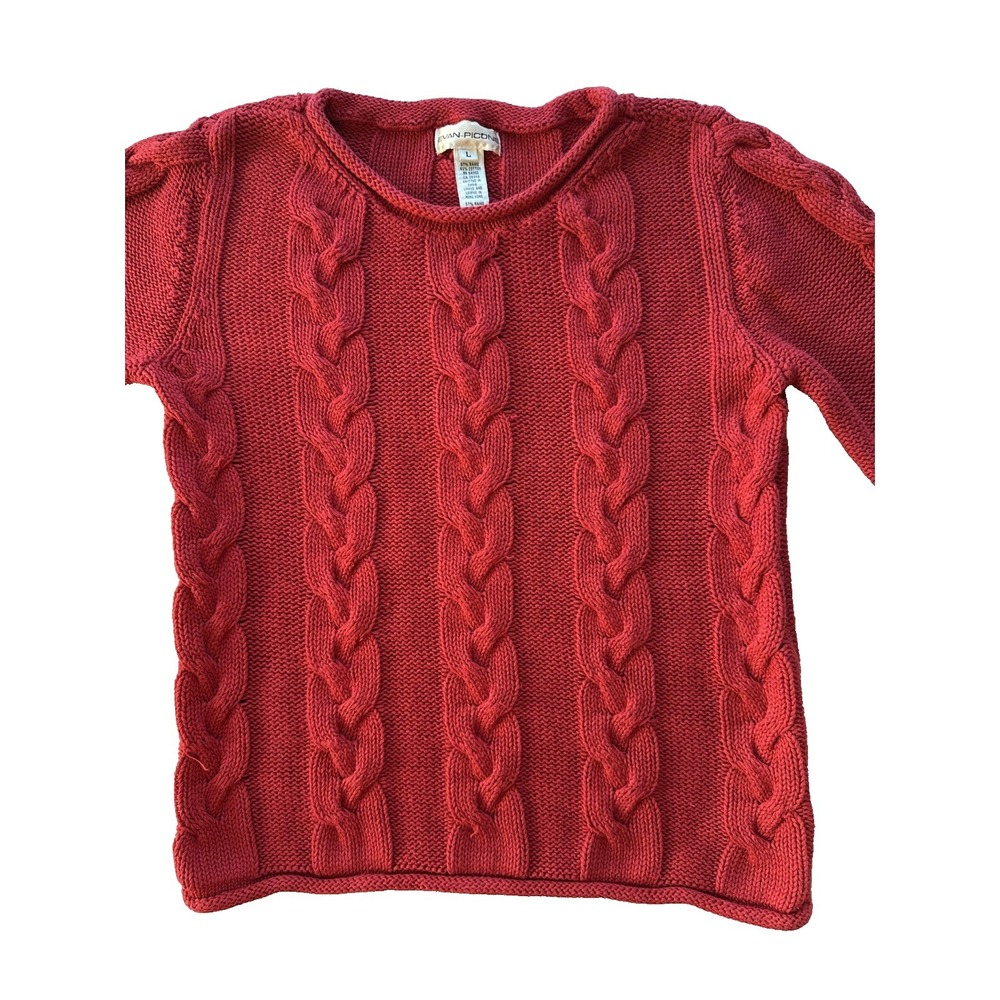 Vintage 90s Red Fisherman Cable‎ Knit Sweater Ramie Cotton Chunky Preppy L
